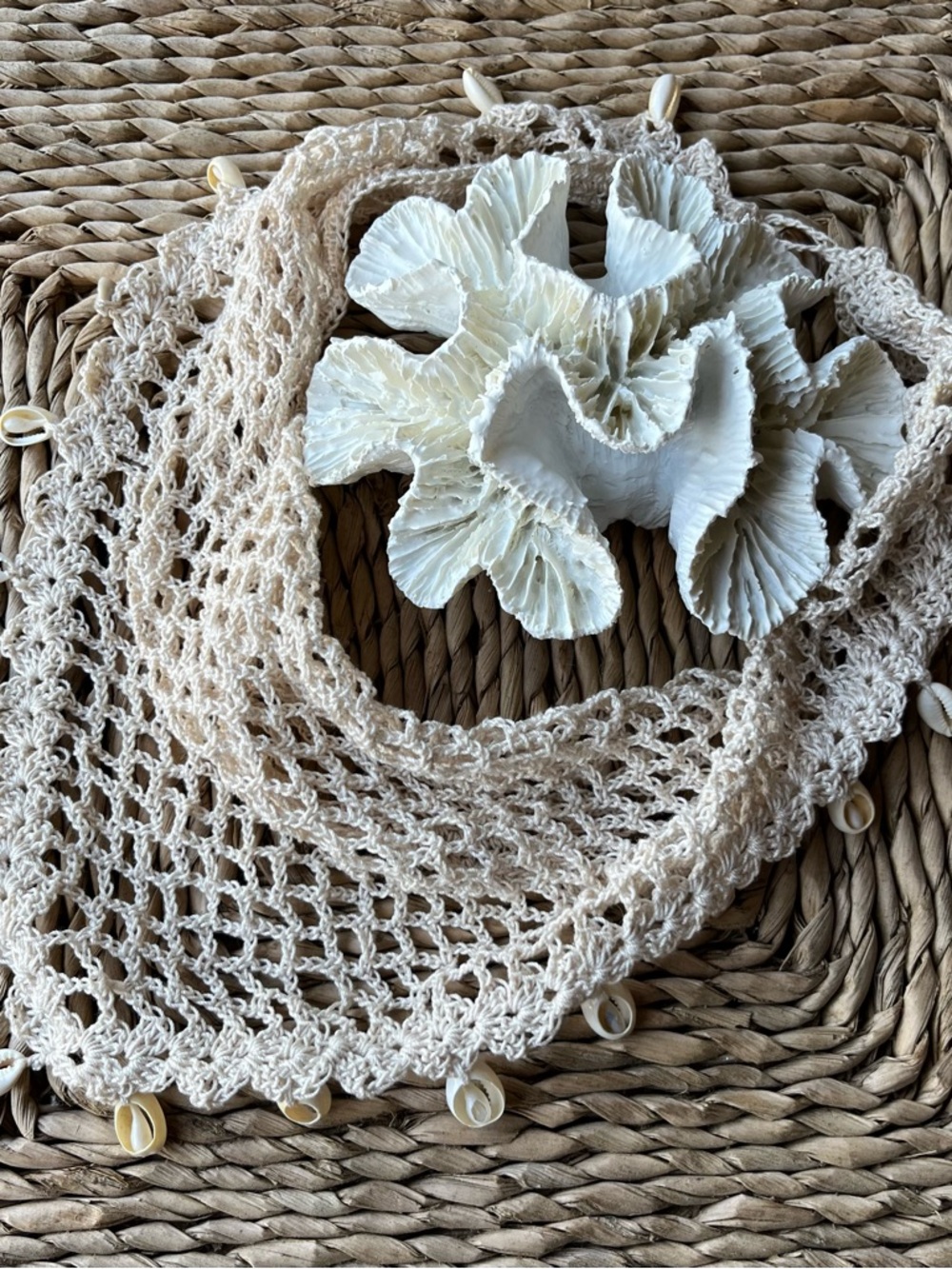 Cream Crochet Shell-Trim Scarf Wrap